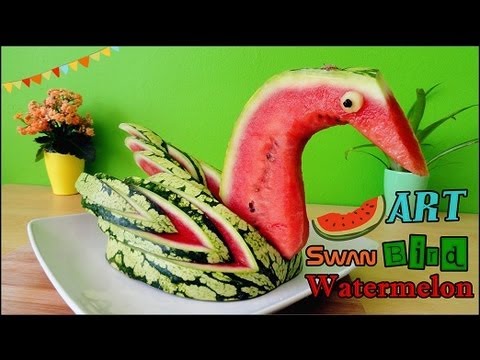 Art In Watermelon Swan, Food Carving Bird Garnish, Fruit
