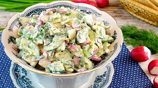 Простой и вкусный витаминный салат с редиской и огурцами!